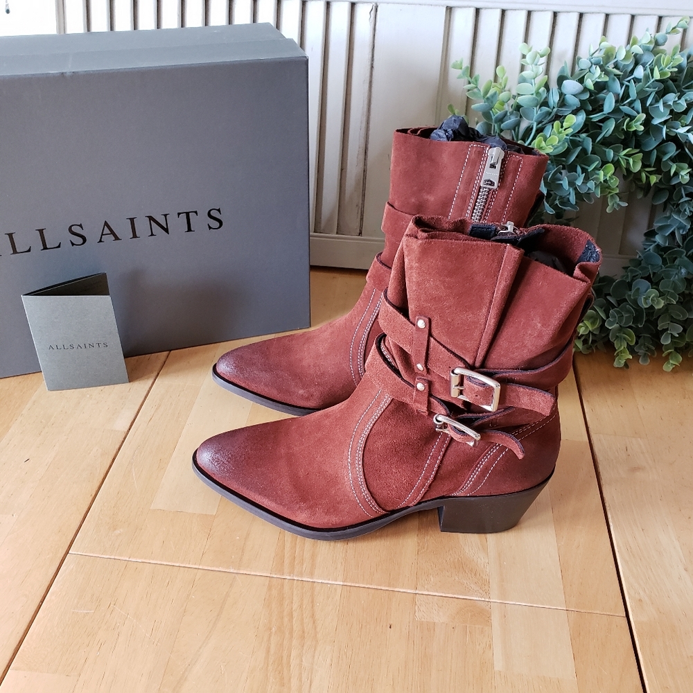 Like New All Saints Harriet Suede Dual Buckle Rust Boot